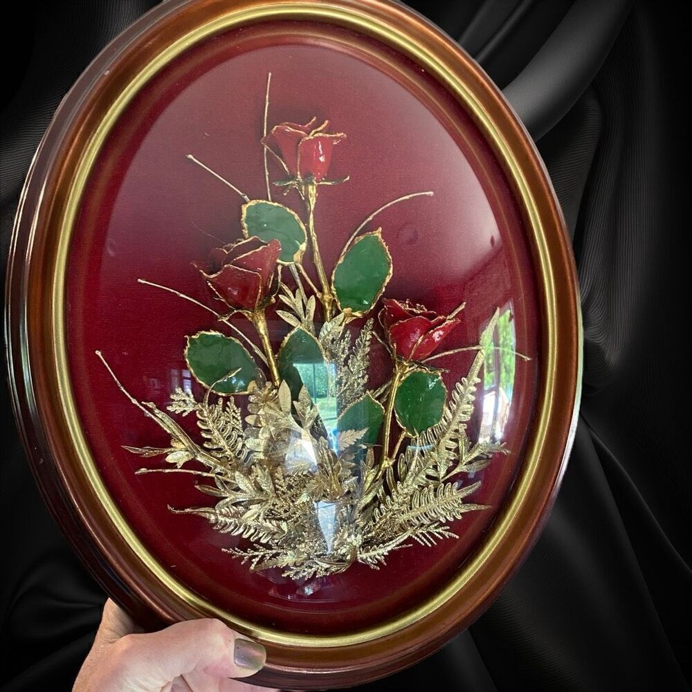 Vintage FLORA-HAWAII Rose Buds 24K Dipped Leaves Domed Oval Frame